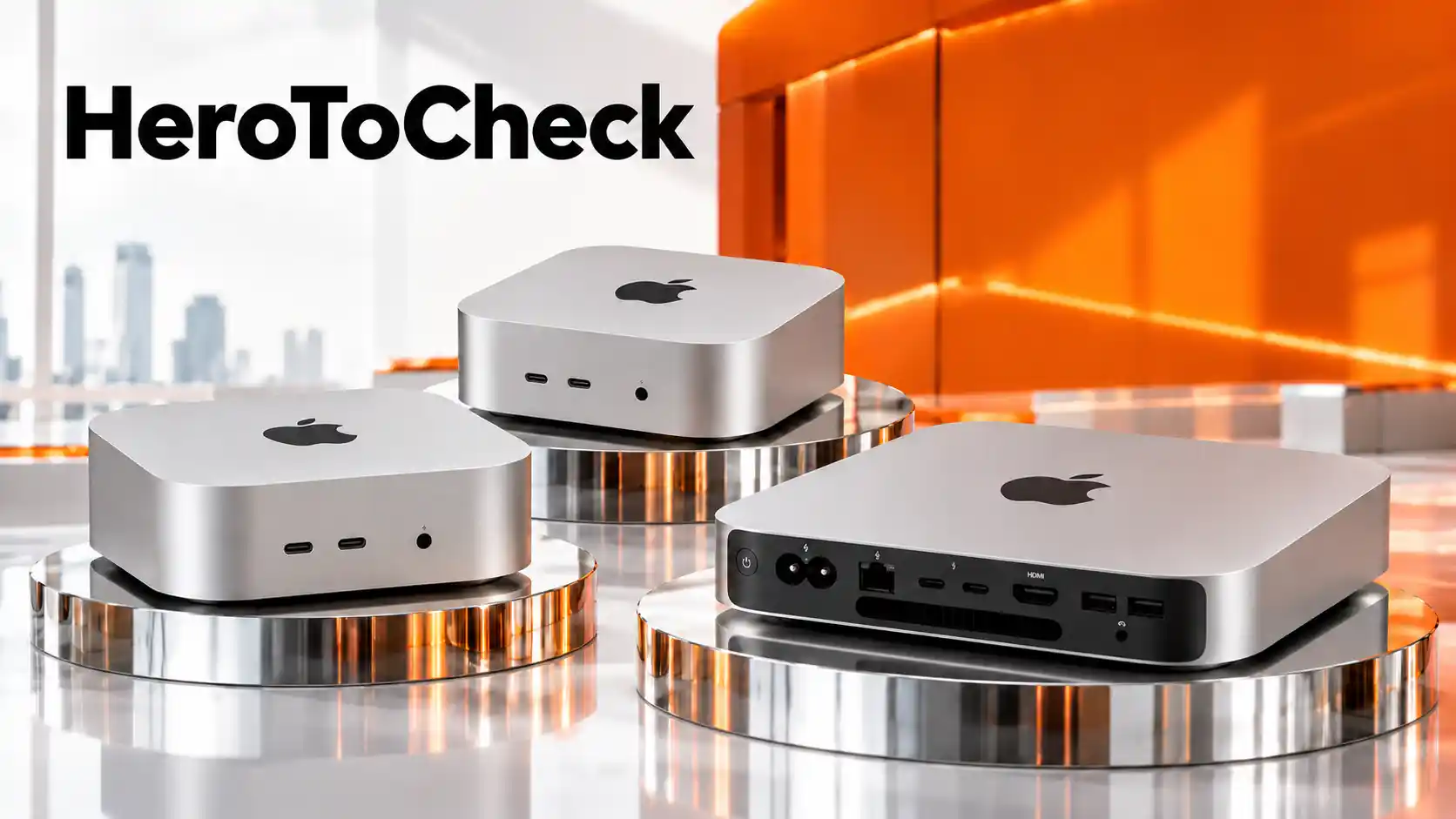 ภาพสินค้า Mac mini บนแท่นสีเงินพร้อมชื่อ HeroToCheck