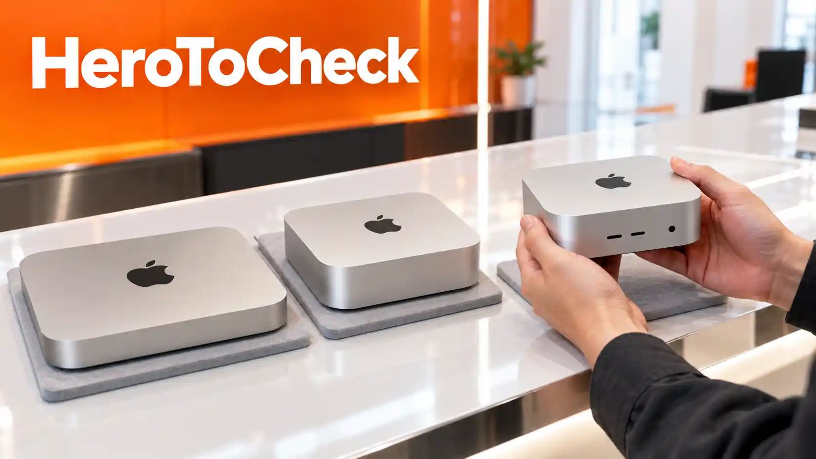 ภาพประกอบการตรวจ Mac mini พร้อมชื่อ HeroToCheck